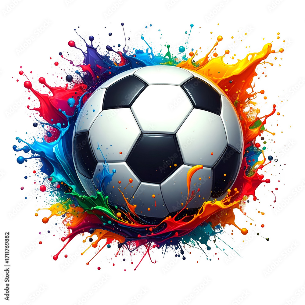 Fototapeta premium Classic black and white soccer ball with splash of colorful paint, isolated on transparent background 