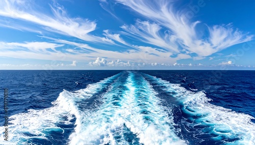Ocean Wake Blue Sky Cruise Ship View.