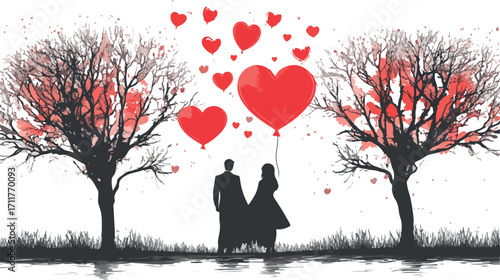 Romantic silhouette couple holding heart balloons under trees with red foliage and falling petals