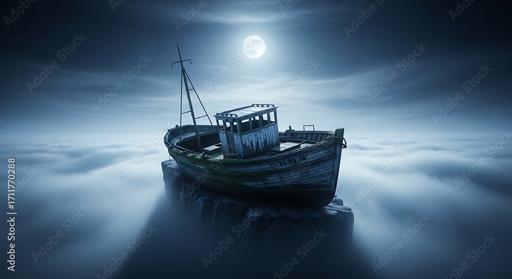 Fototapeta premium Abandoned Fishing Boat on a Misty Sea.