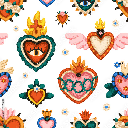Mexican love hearts, seamless pattern, endless background, print. Traditional...