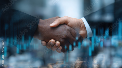 Business professionals shaking hands in a corporate setting with a blurred background of financial graphs and coins representing partnership and investment.