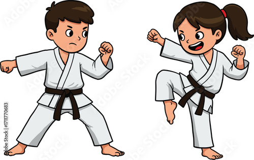 Cartoon boy and girl practicing karate in martial arts uniform with black belt, training fight stance, self defense sport illustration