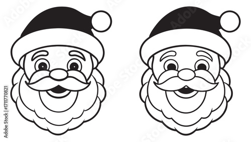 Two Cartoon Santa Claus Faces Outline Black and White christmas character