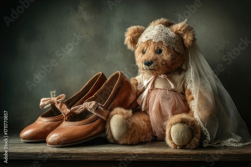 Teddy bear wearing bridal veil placed beside adult wedding shoes