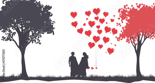 Silhouettes of a couple holding hands under a tree with red hearts floating from branches symbolizing love and romance