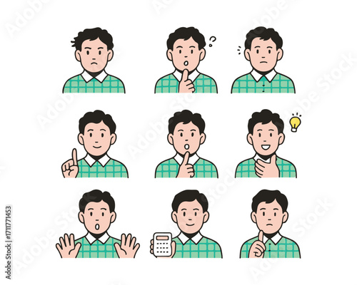 Various expressions of a young man wearing a checkered shirt
