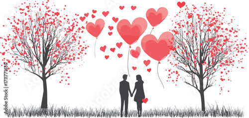 Romantic couple holding hands under blooming trees with floating heart balloons celebrating love and togetherness
