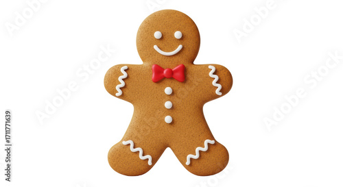 Foto Isolated gingerbread man cookie cutout with bow and dots, tasty holiday baking t