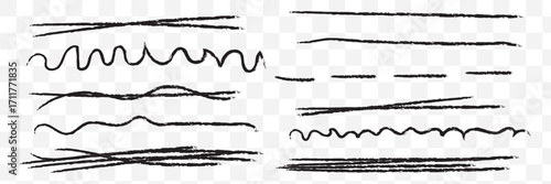 Colorful crayon divider set - purple dots, pink strokes, blue zigzag, green lines, orange waves, red dashes with chalk textured effect. Hand drawn underline for borders, highlighting or decoration