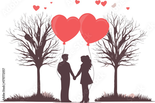 Couple holding hands under bare trees with red heart balloons floating above on white background