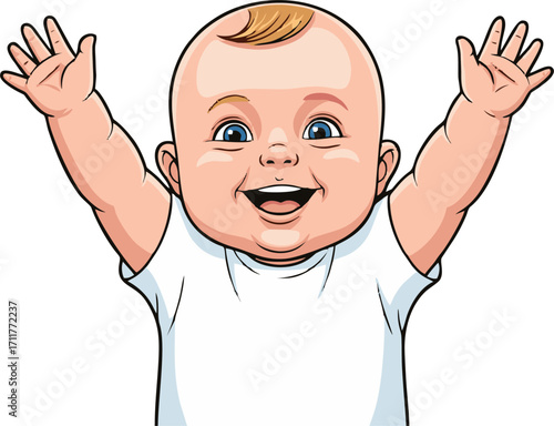 Joyful Baby with Arms Raised in Cheerful Celebration and Delight.