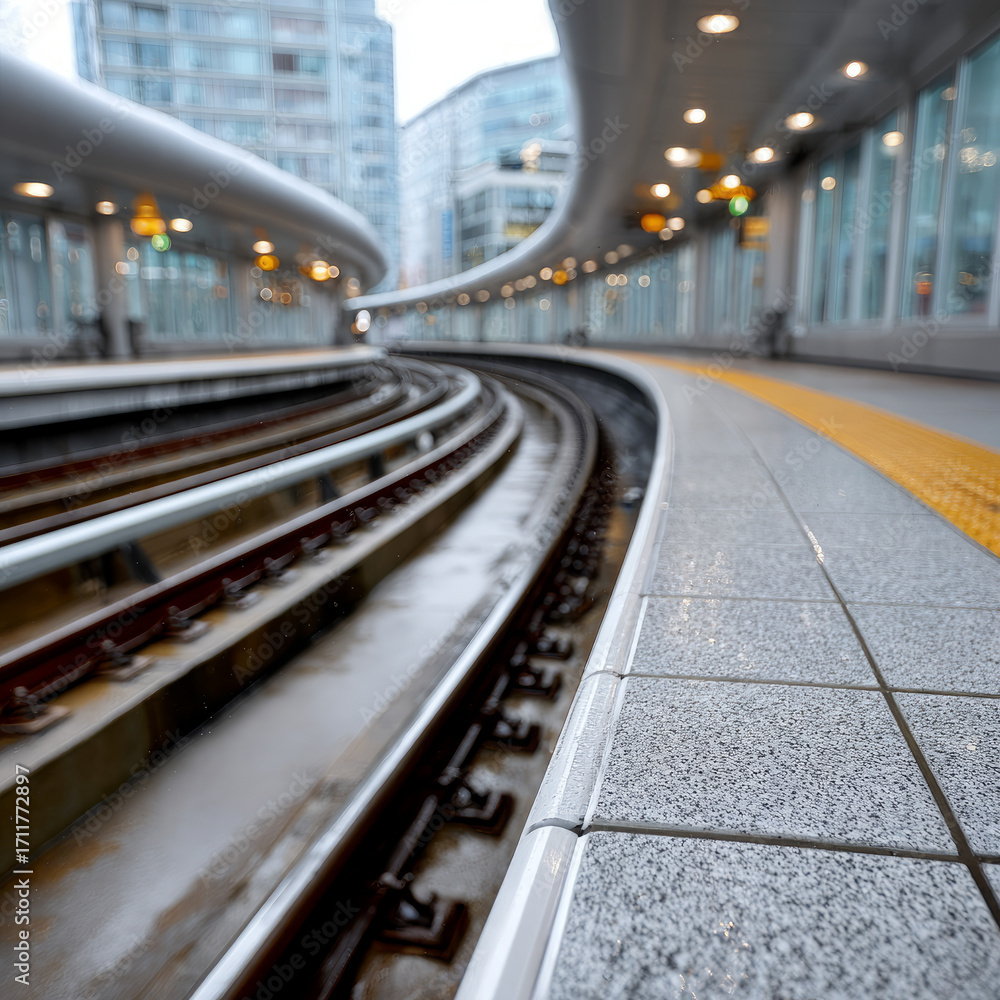Obraz premium Modern urban train station with empty curved platform and rails.