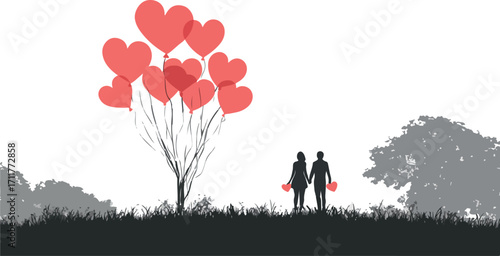 Romantic couple holding hands under a tree with heart shaped balloons in a silhouette landscape