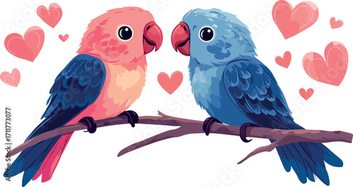 Two adorable lovebirds one pink and one blue perched on a branch surrounded by pink hearts