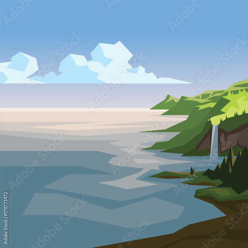 Scenic cliff view with waterfall flowing into ocean - geometric low poly tropical landscape vector illustration with palm trees and clouds