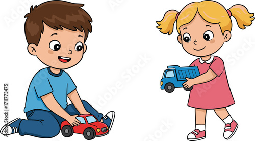 Cartoon boy playing with red toy car, girl holding blue toy truck, happy children smiling, fun childhood playtime vector illustration
