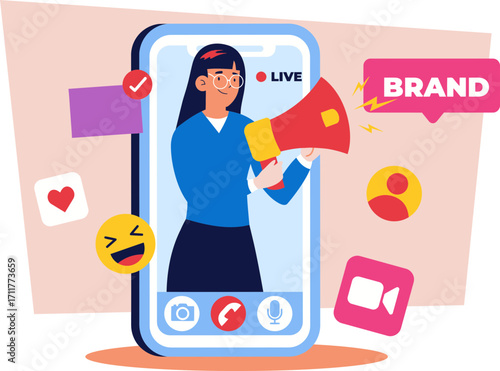 Woman doing live broadcast on smartphone for brand promotion.