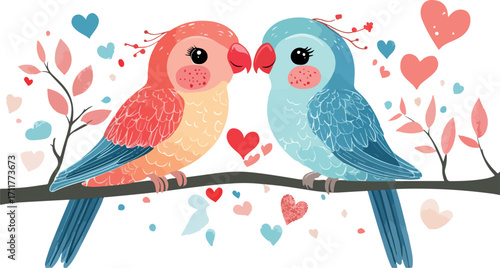 Two adorable colorful parrots kissing on a branch surrounded by hearts and floral elements celebrating love