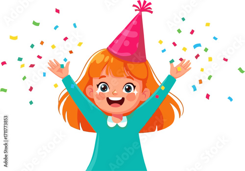 Joyful Girl with Party Hat Throwing Confetti