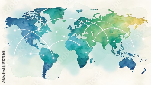 watercolor world map with global network lines connecting various continents