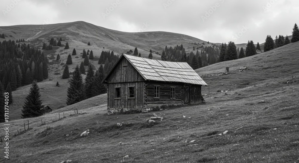 Obraz premium Monochrome Serenity: Rustic Cabin in the Mountainous Landscape Depicted in BW