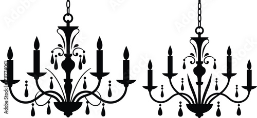 Elegant vintage chandelier silhouette, classic candle holder design, ornate hanging lamp, decorative lighting fixture, black vector art, luxury home decor, antique style illumination