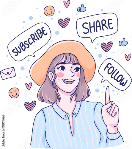 Woman with social media icons around her.