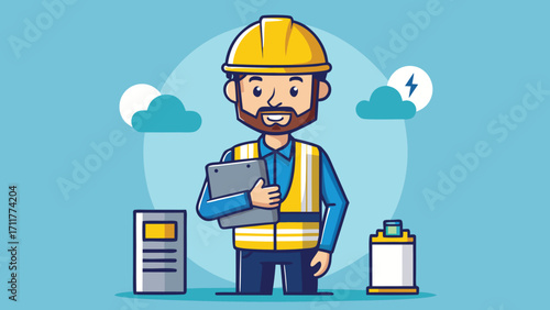 Cheerful engineer with clipboard ensuring safe, reliable energy on bright day, perfect for sustainability reports or educational materials about green solutions