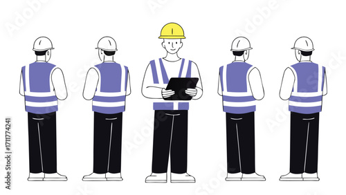 Construction Team Planning with Tablet, Illustrative Style for Modern Projects, Engineering and Architecture, Safety First, Workforce Management