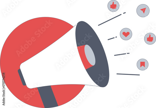 Megaphone with Social Media Icons for Digital Marketing and Communication.