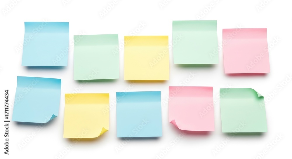 Colorful blank sticky notes in blue, green, yellow, and pink on a white background, perfect for reminders, ideas, or organization. Colorful blank sticky notes in blue, green, yellow, and pink on a white background, perfect for reminders, ideas, or organization.