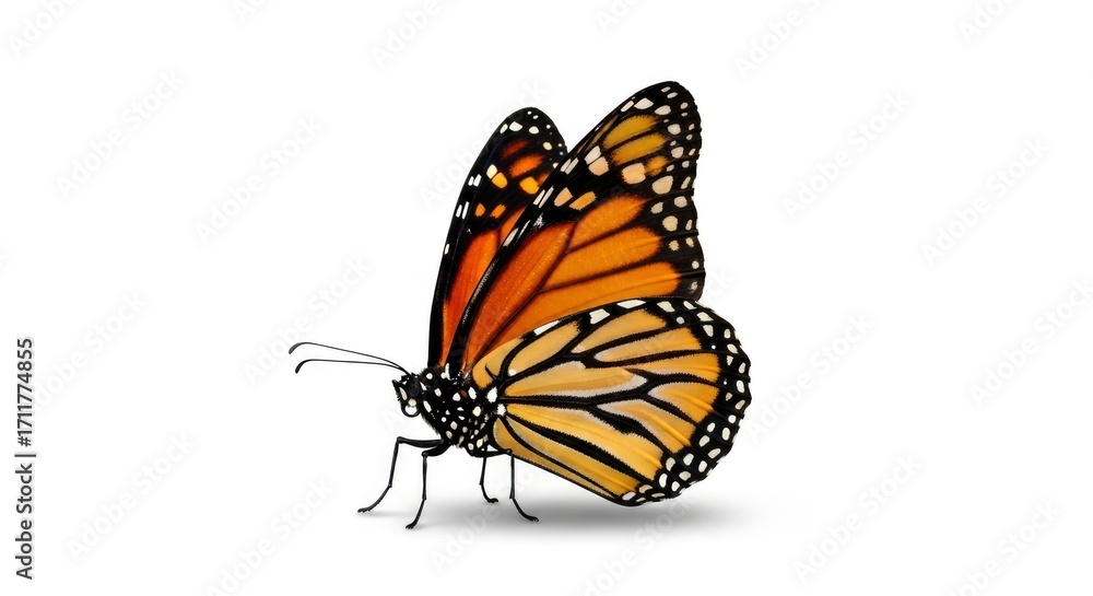 Fototapeta premium Vibrant monarch butterfly displaying its iconic orange, black, and white wings. Isolated on a crisp white background, perfect for design elements.