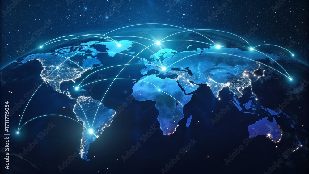 Fototapeta premium global communication concept, global communication network lines connect continents on a glowing blue earth map in starry space