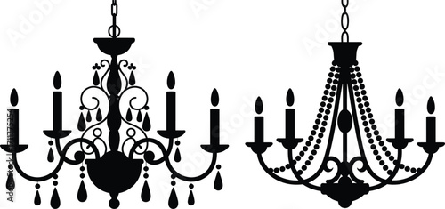 Elegant vintage chandelier silhouette, classic candle holder lighting, ornate hanging lamp design, black vector art, decorative chandelier