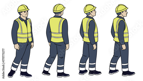 Construction worker safety focus showing various angles of a person wearing protective gear, perfect for training manuals and safety guides on the job site