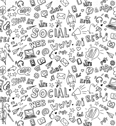 Social Media Doodles Seamless Pattern.