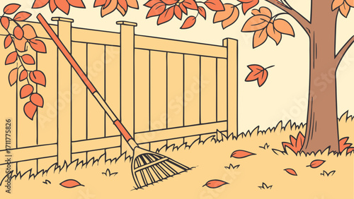 Autumn Yard Work Scene Illustration with Rake, Falling Leaves, and Wooden Fence; Fall Season Cartoon Graphic