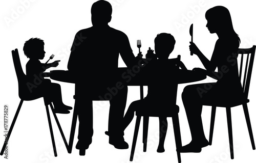 Family dinner silhouette, parents with children, eating together, mealtime scene, home dining, kids with utensils, happy family, togetherness, dinner table, parenting moment, family bonding, lifestyle