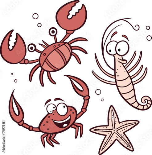Funny crab, lobster, octopus, and starfish playing together, cartoon icon, hand-drawn line art, colourful fill, white background.