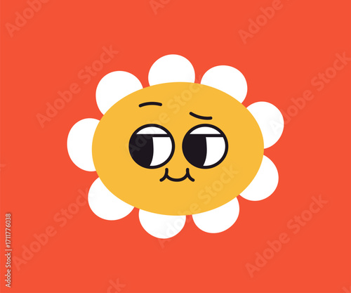 Cute groovy daisy flower with face, eyes sneaking, looking aside. Retro floral chamomile character with playful emotion, expression, smiling, hippie funky trippy style. Flat vector illustration
