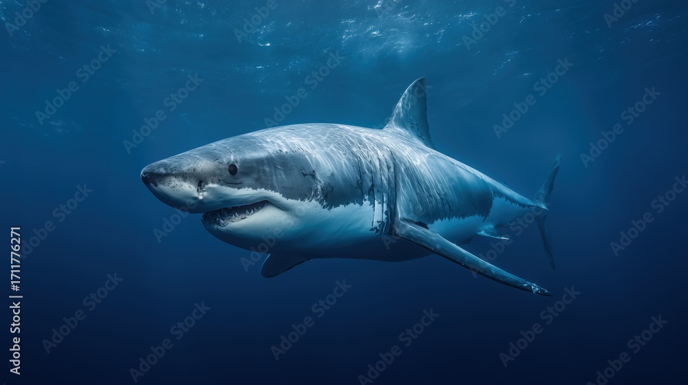 Naklejka premium Great white shark swimming underwater, blue ocean wildlife scene, side view