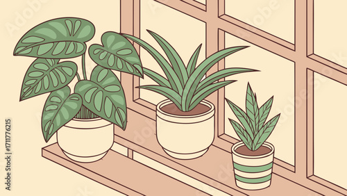Minimalist Illustration of Three Potted Houseplants on a Cozy Windowsill, Capturing Indoor Nature and Home Decor Aesthetic