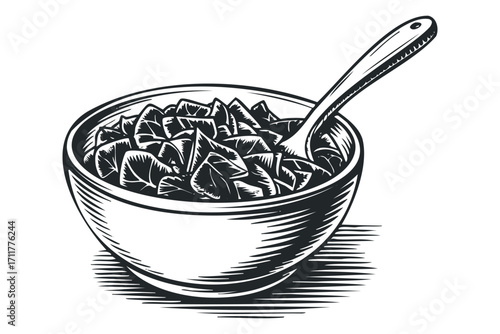 Monochromatic woodcut style illustration of diced fruit in a bowl with a spoon. Vector hand drawn illustration