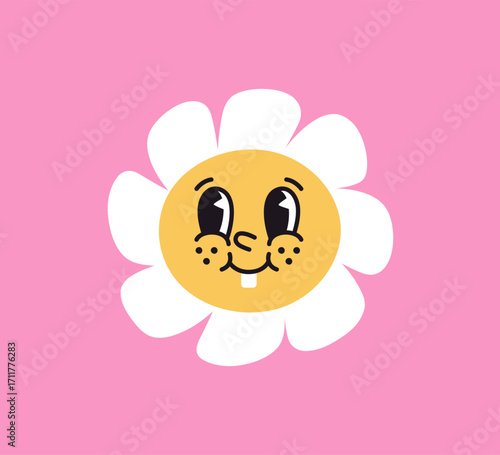 Daisy flower with cute adorable kawaii face expression. Sunny emoji character. Funny floral, chamomile smiling with tooth, freckles, cheerful playful emotion, groovy style. Flat vector illustration