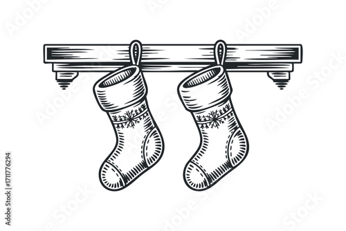 Two Christmas stockings hanging on a wooden shelf with snowflake patterns. Vector hand drawn illustration