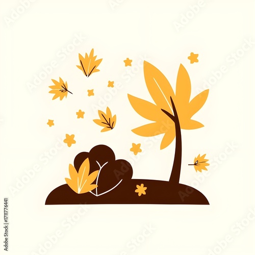 Stylized Autumn Scene with Yellow Leaves and Brown Tree.