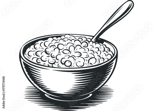 Bowl of porridge with spoon. Vector hand drawn illustration