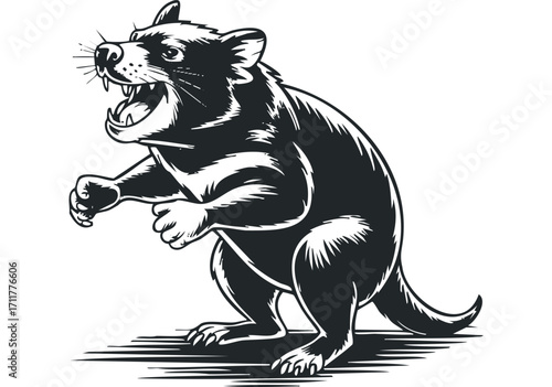Fierce Tasmanian Devil animal cartoon posing for a bold graphic on a. Vector hand drawn illustration