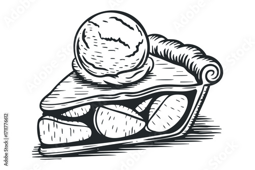 Slice of apple pie with vanilla ice cream. Vector hand drawn illustration
